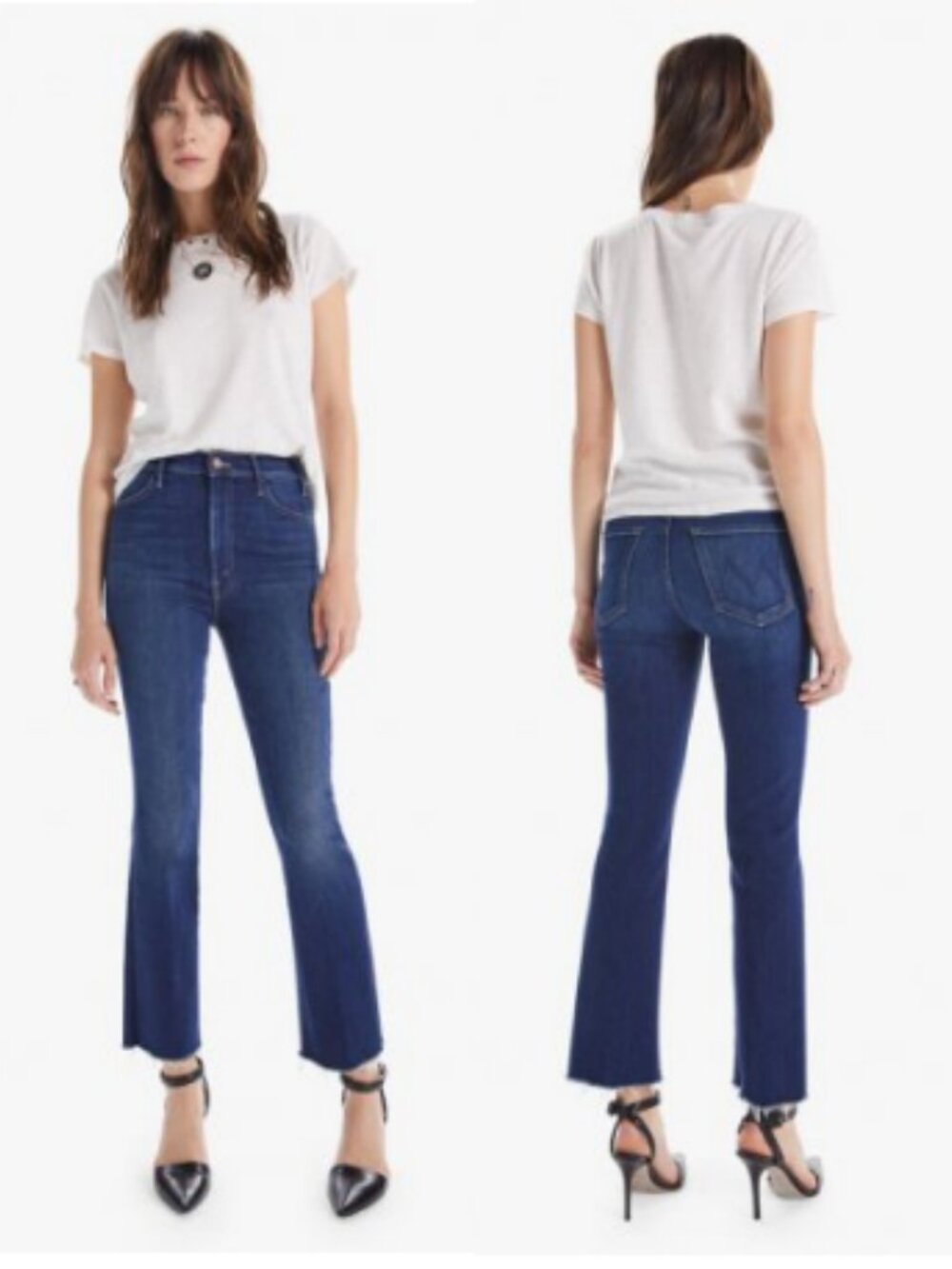MOTHER 27 Hustler Ankle Fray Flare Jeans Raw Hem Home Movies Medium Blue Wash
